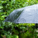 Black umbrella under rain against water drops splash background. Rainy weather concept.
